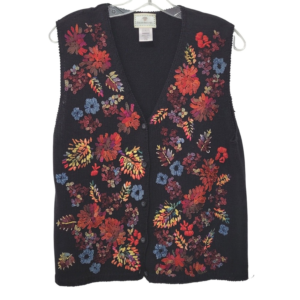 Susan Bristol Vintage Floral Hand Embroidered Knit Vest Womens L Black 1999